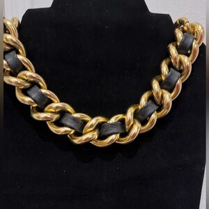 Chanel-like Vintage Gold-tone & Faux Leather Bold Choker Necklace